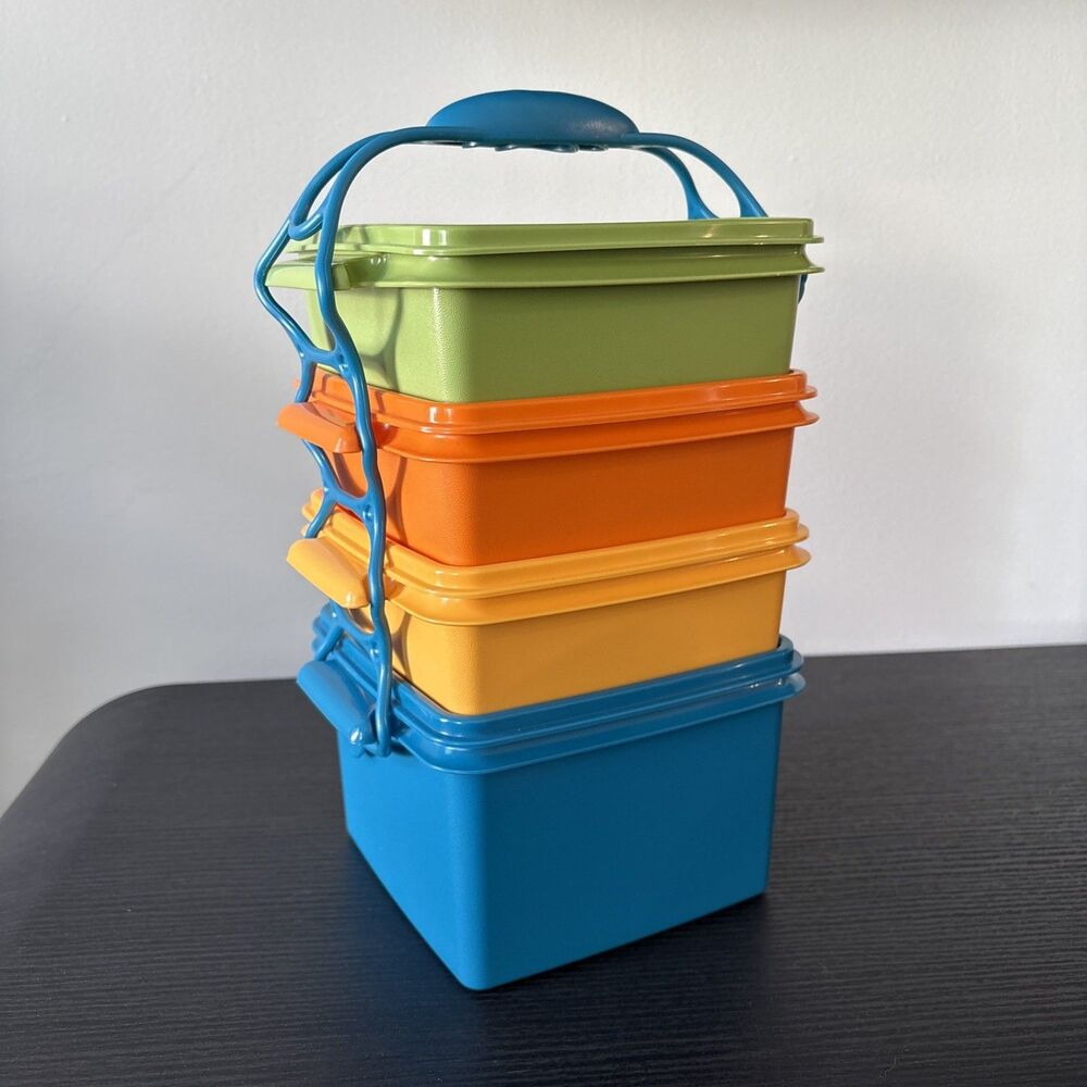 Tupperware Stackable Lunch Box Set 4 Vintage Colors Food Storage